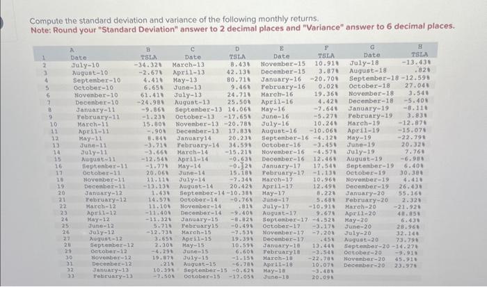 Compute the standard deviation and variance of the following monthly returns. Note: Round your 