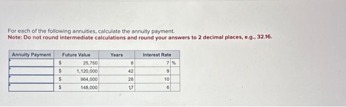 For each of the following annuities, calculate the annuity payment. Note: Do not round intermediate