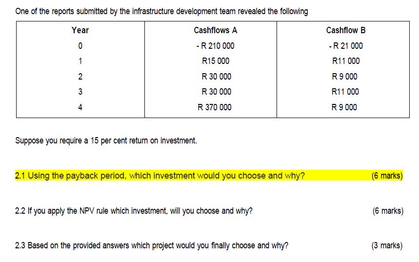 One of the reports submitted by the infrastructure development team revealed the following Cashflows A - R
