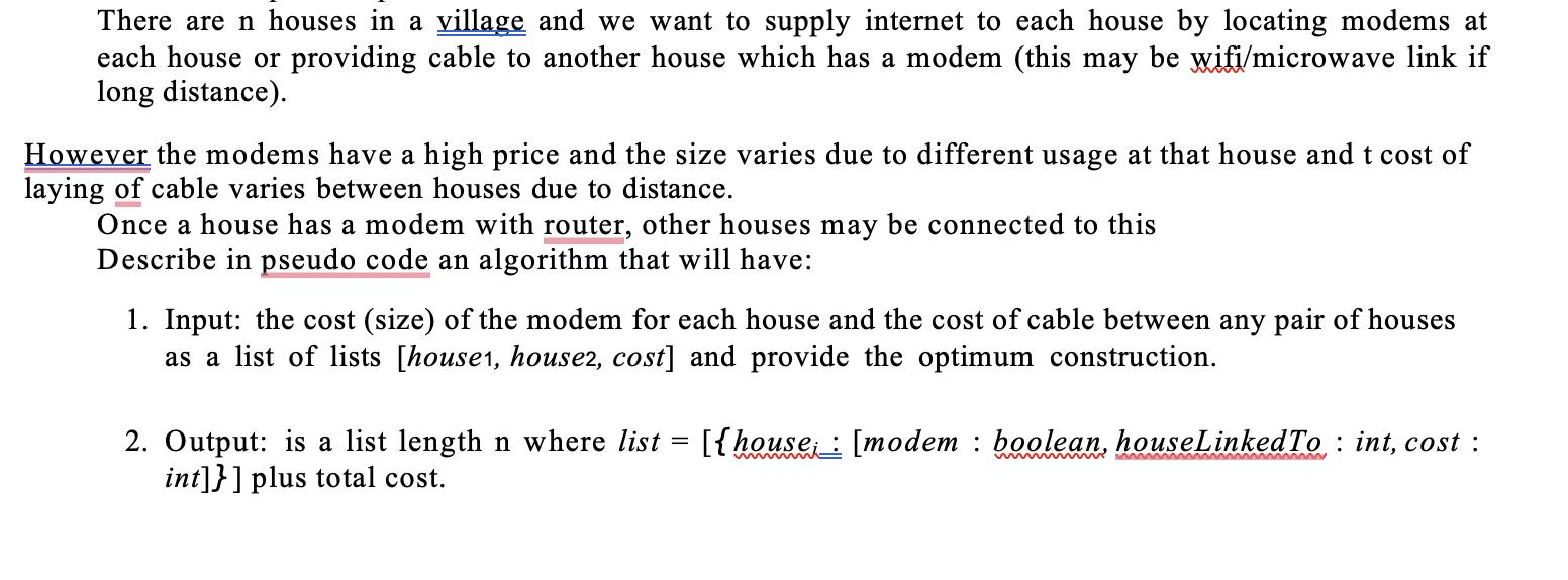 There are n houses in a village and we want to supply internet to each house by locating modems at each house