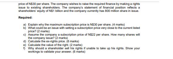 price of N$30 per share. The company wishes to raise the required finance by making a rights issue to