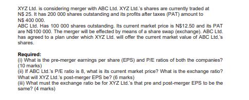 XYZ Ltd. is considering merger with ABC Ltd. XYZ Ltd.'s shares are currently traded at N$ 25. It has 200 000