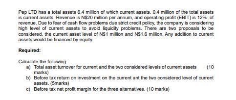 Pep LTD has a total assets 6.4 million of which current assets. 0.4 million of the total assets is current