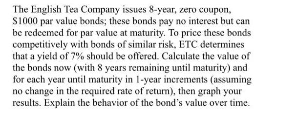 The English Tea Company issues 8-year, zero coupon, $1000 par value bonds; these bonds pay no interest but