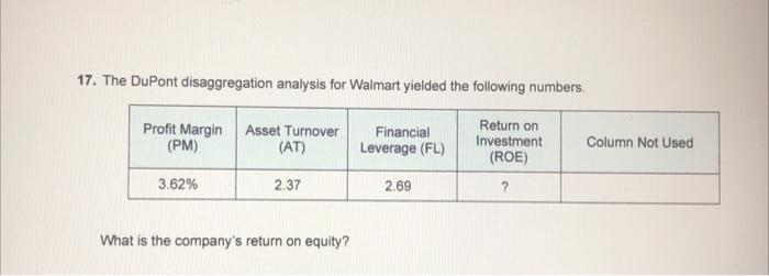 17. The DuPont disaggregation analysis for Walmart yielded the following numbers. Return on Investment (ROE)