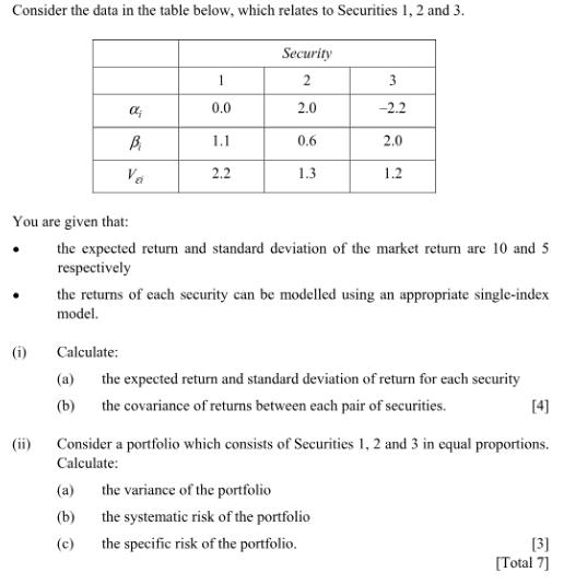 Consider the data in the table below, which relates to Securities 1, 2 and 3. (i)  ; B 1 0.0 1.1 2.2 Security