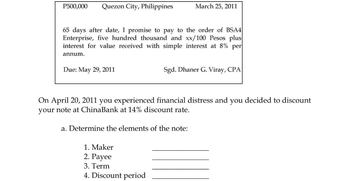 P500,000 Quezon City, Philippines 65 days after date, I promise to pay to the order of BSA4 Enterprise, five
