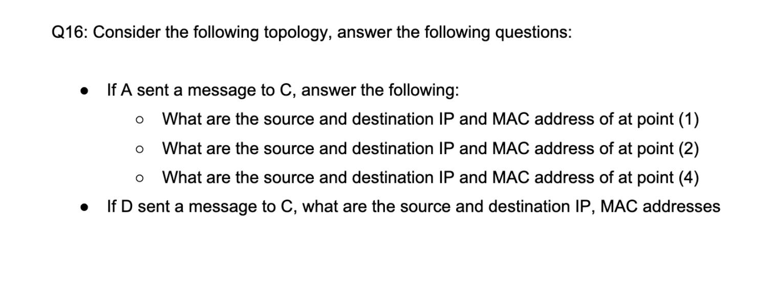 Q16: Consider the following topology, answer the following questions:  If A sent a message to C, answer the