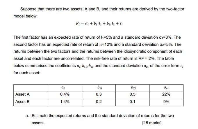 Suppose that there are two assets, A and B, and their returns are derived by the two-factor model below: The