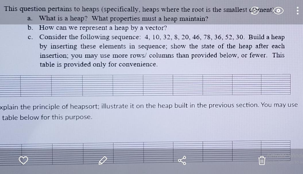 This question pertains to heaps (specifically, heaps where the root is the smallest ment a. What is a heap?
