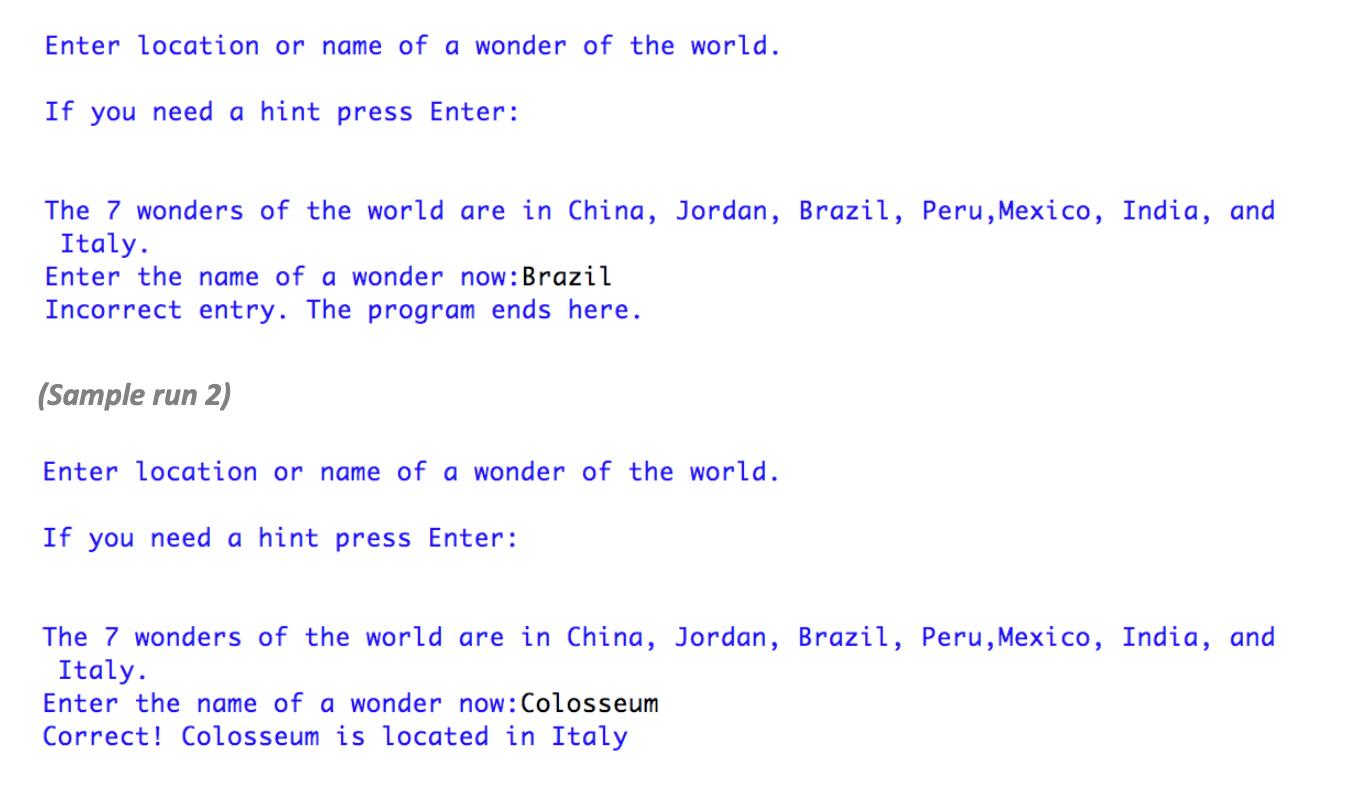 Enter location or name of a wonder of the world. If you need a hint press Enter: The 7 wonders of the world