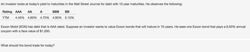 An investor looks at today's yield to maturities in the Wall Street Journal for debt with 10 year maturities.