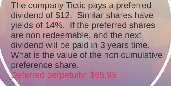 The company Tictic pays a preferred dividend of $12. Similar shares have yields of 14%. If the preferred