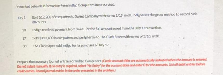 Presented below is Information from Indigo Computers Incorporated. Sold $12,200 of computers to Sweet Company