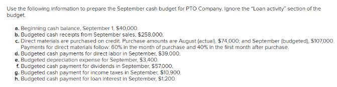 Use the following information to prepare the September cash budget for PTO Company. Ignore the 