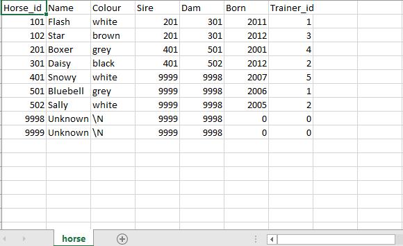 Horse_id Name 101 Flash 102 Star 201 Boxer 301 Daisy 401 Snowy white 501 Bluebell 502 Sally 9998 Unknown N