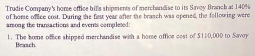 Trudie Company's home office bills shipments of merchandise to its Savoy Branch at 140% of home office cost.