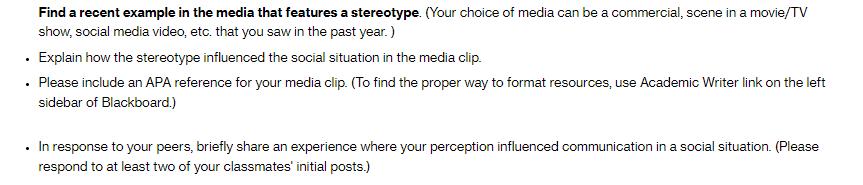 Find a recent example in the media that features a stereotype. (Your choice of media can be a commercial,