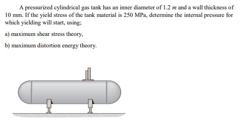 A pressurized cylindrical gas tank has an inner diameter of 1.2 m and a wall thickness of 10 mm. If the yield