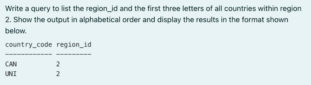 Write a query to list the region_id and the first three letters of all countries within region 2. Show the