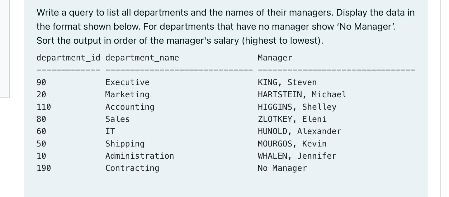 Write a query to list all departments and the names of their managers. Display the data in the format shown