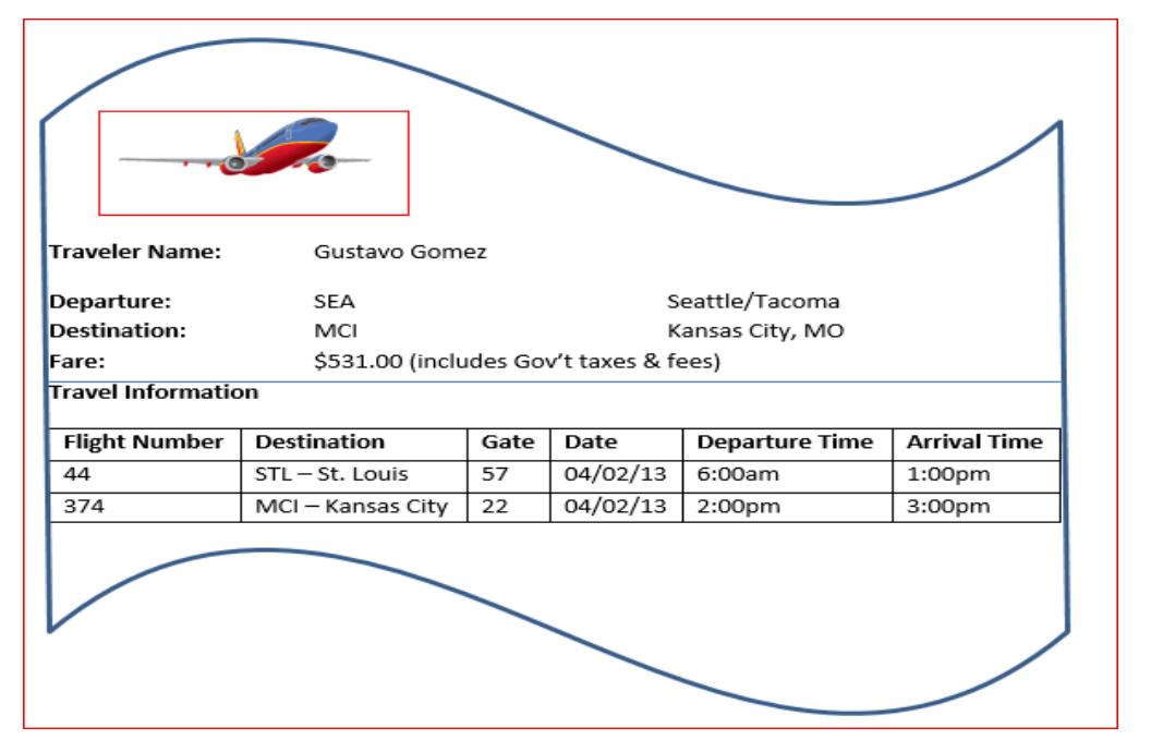 Traveler Name: Departure: Destination: Fare: Travel Information Flight Number 44 374 Gustavo Gomez SEA MCI