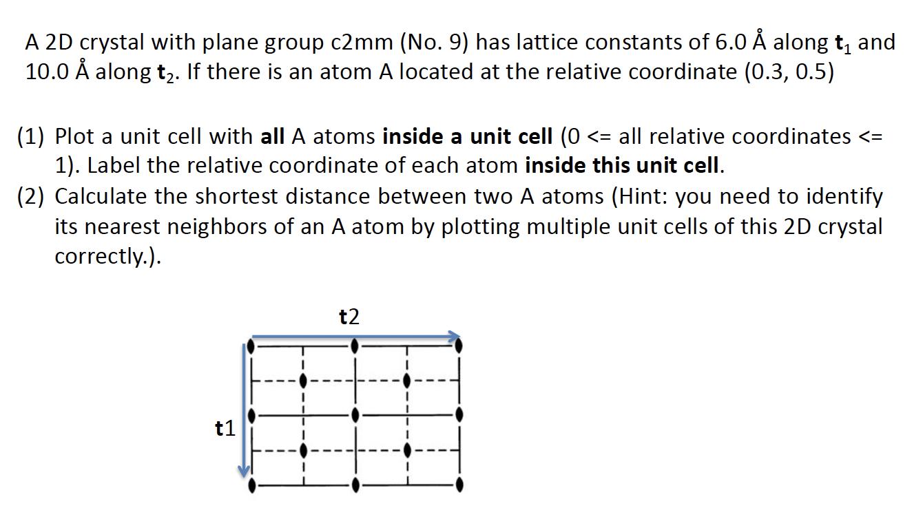 A 2D crystal with plane group c2mm (No. 9) has lattice constants of 6.0  along t and 10.0  along t. If there
