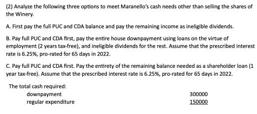 (2) Analyze the following three options to meet Maranello's cash needs other than selling the shares of the