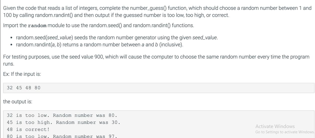 Given the code that reads a list of integers, complete the number_guess() function, which should choose a