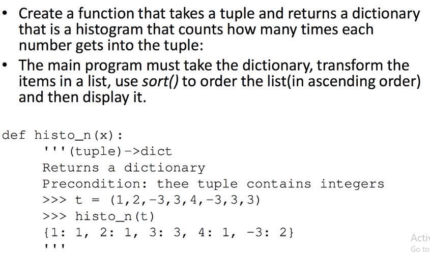 Create a function that takes a tuple and returns a dictionary that is a histogram that counts how many times