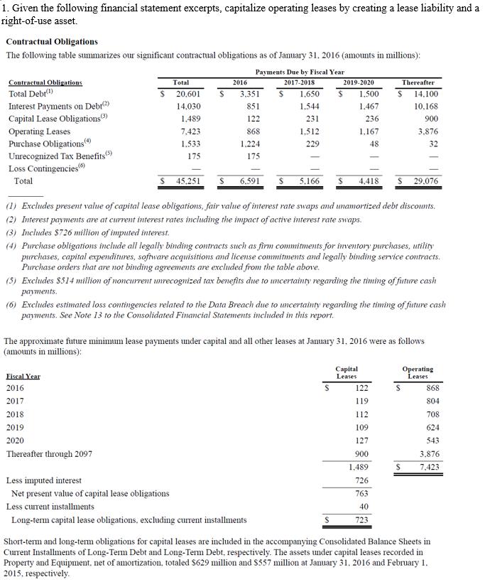 1. Given the following financial statement excerpts, capitalize operating leases by creating a lease