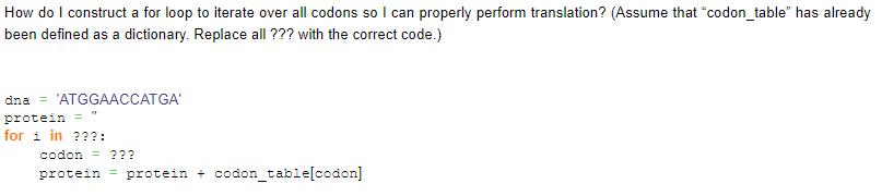 How do I construct a for loop to iterate over all codons so I can properly perform translation? (Assume that