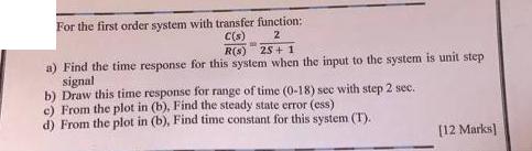 For the first order system with transfer function: C(s) 2 R(s) 25+1 a) Find the time response for this system