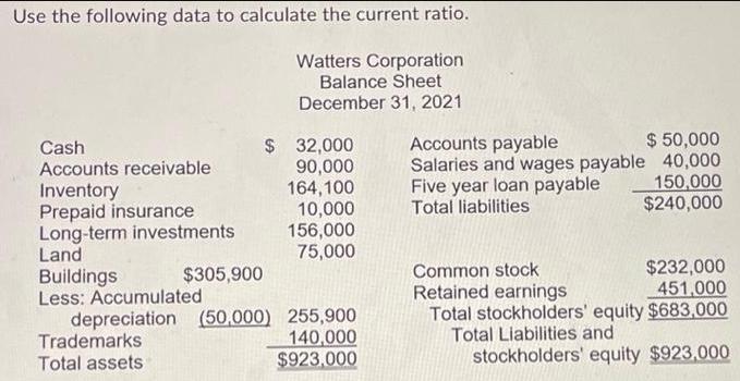 Use the following data to calculate the current ratio. Watters Corporation Balance Sheet December 31, 2021