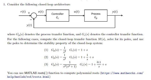 1. Consider the following closed-loop architecture r(t) e(t) + y(t) Controller Ge (1) G (s)- - u(t) where