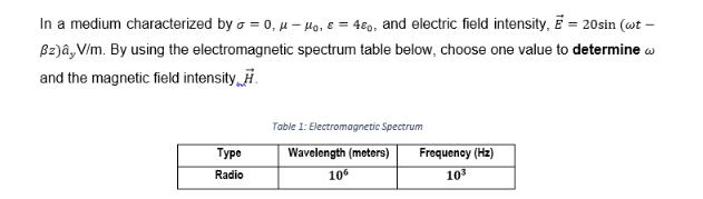 In a medium characterized by = 0, - Mo, = 40, and electric field intensity, F= 20sin (wt - Bz), V/m. By using