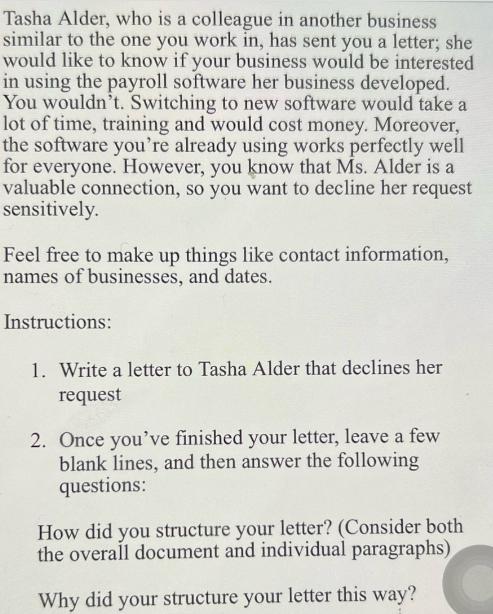 Tasha Alder, who is a colleague in another business similar to the one you work in, has sent you a letter;