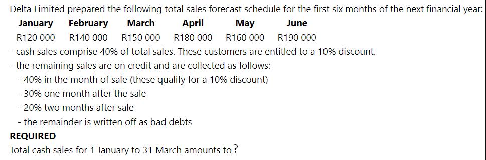 Delta Limited prepared the following total sales forecast schedule for the first six months of the next