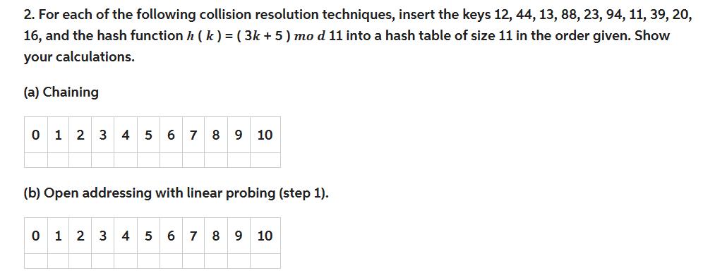 2. For each of the following collision resolution techniques, insert the keys 12, 44, 13, 88, 23, 94, 11, 39,