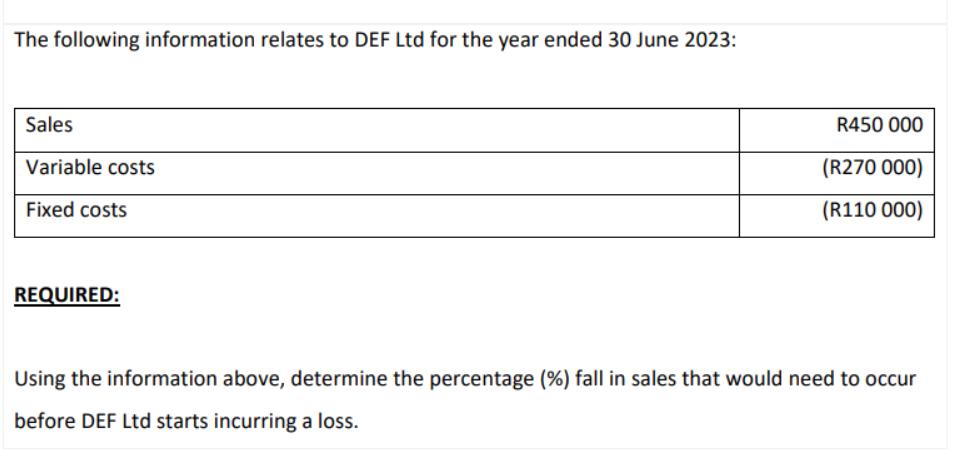 The following information relates to DEF Ltd for the year ended 30 June 2023: Sales Variable costs Fixed
