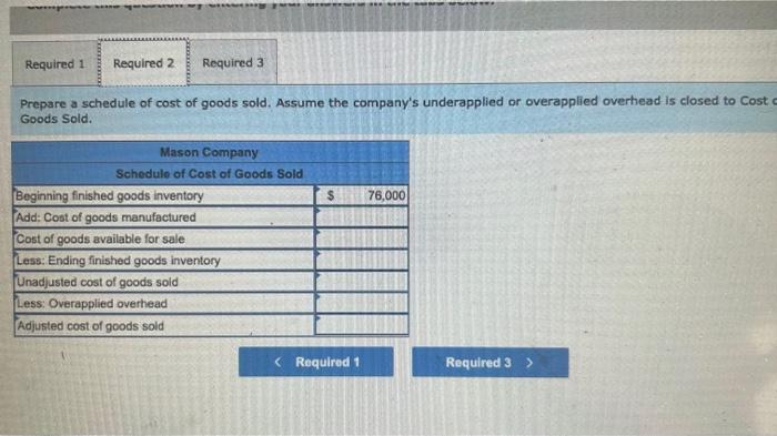 Required 1 Required 2 Required 3 Prepare a schedule of cost of goods sold. Assume the company's underapplied