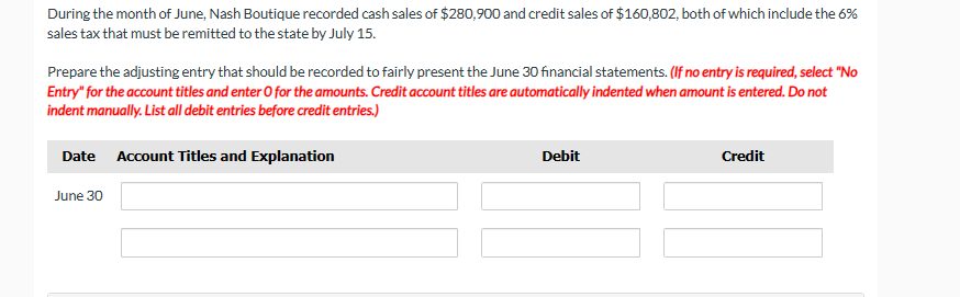 During the month of June, Nash Boutique recorded cash sales of $280,900 and credit sales of $160,802, both of