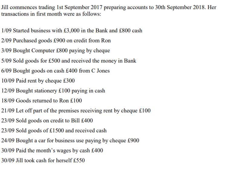 Jill commences trading 1st September 2017 preparing accounts to 30th September 2018. Her transactions in