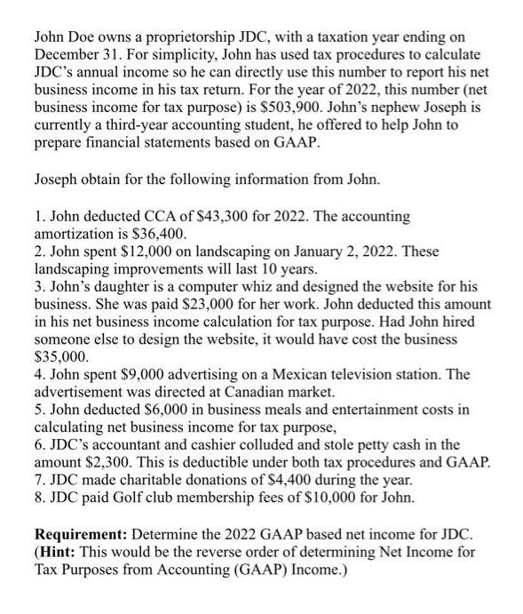 John Doe owns a proprietorship JDC, with a taxation year ending on December 31. For simplicity, John has used