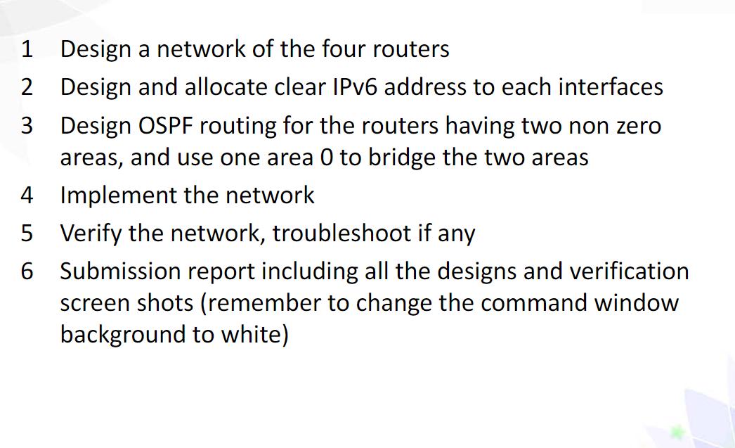 1 2 3 Design a network of the four routers Design and allocate clear IPv6 address to each interfaces Design
