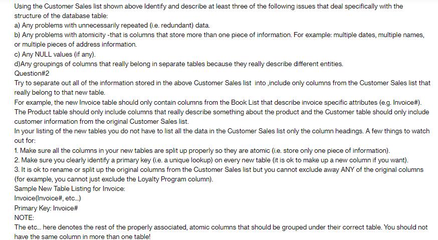 Using the Customer Sales list shown above Identify and describe at least three of the following issues that