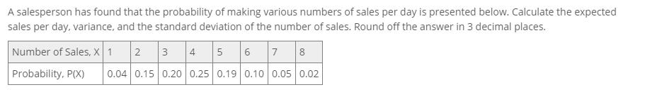A salesperson has found that the probability of making various numbers of sales per day is presented below.