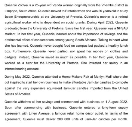 Queenie Zodwa is a 25-year old Venda woman originally from the Vhembe district in Limpopo, South Africa.