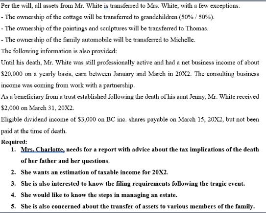 Per the will, all assets from Mr. White is transferred to Mrs. White, with a few exceptions. - The ownership