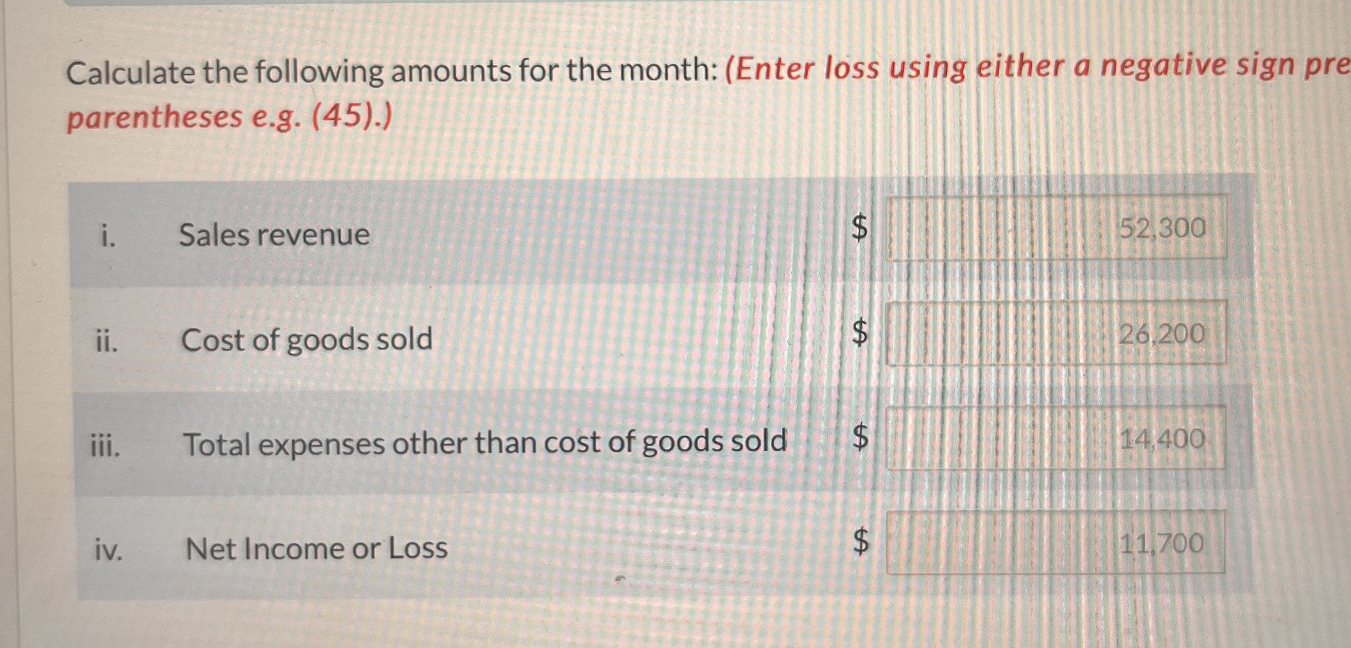 Calculate the following amounts for the month: (Enter loss using either a negative sign pre parentheses e.g.